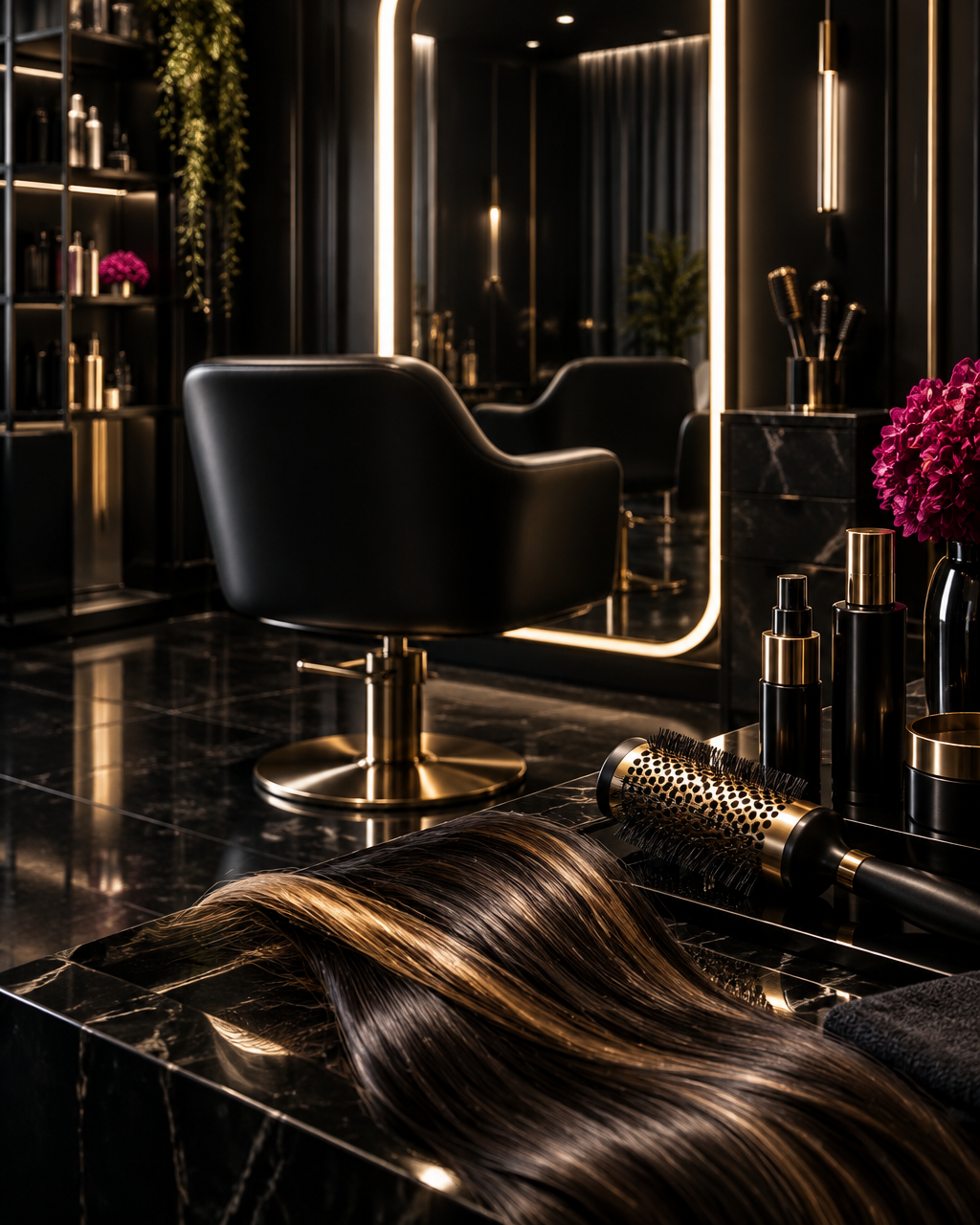 Black and gold salon chair, styling tools, and highlighted hair